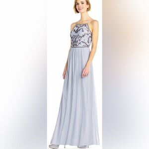 Adrianna Papell Silver Embroidered Tulle Gown | Romantic Formal Prom Wedding